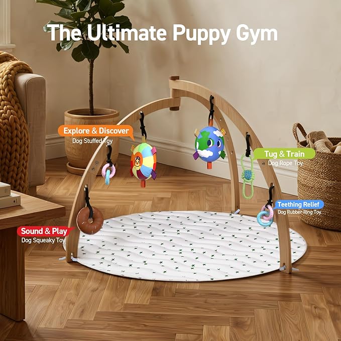 QDAN Puppy Play Gym, Wooden Frame with 6 Hanging Puppy Toys, Adjustable Straps, Puppy Enrichment Toys to Keep Them Busy
