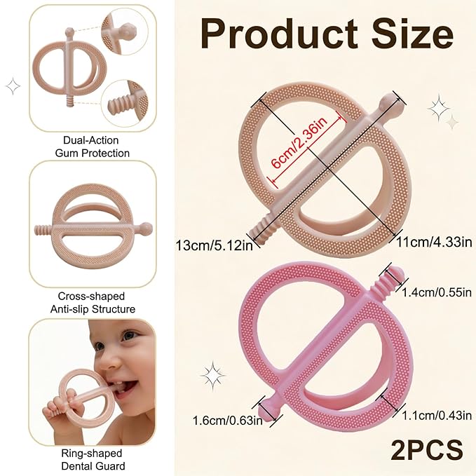 2-Pack Baby Teething Toys, Food Grade BPA-Free Silicone Baby Teether for 3-18 Months, Ring-Shaped Teething Toy for Babies, Multi-Textured Choke-Proof Easy Grip Teether for Infants (Khaki&Pink)