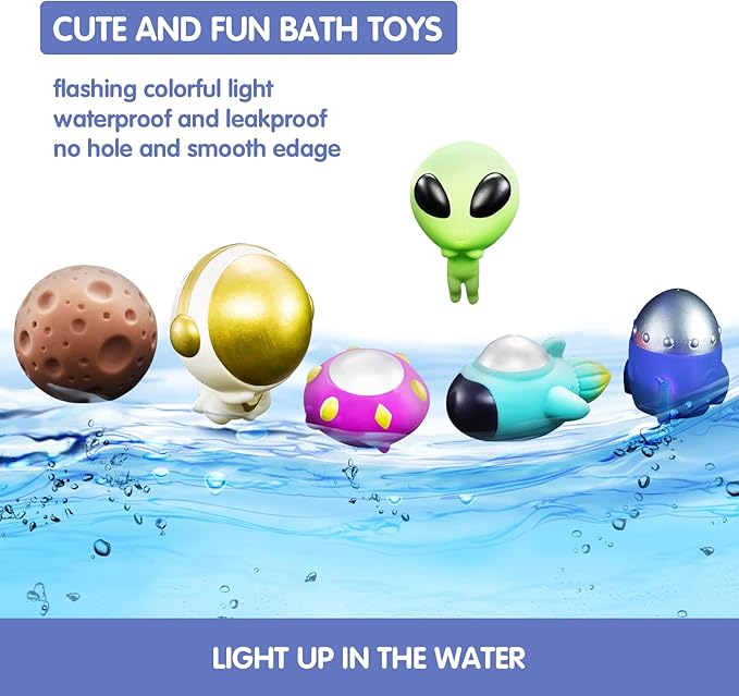 Bath Toys Light Up Floating Space Bath Tub Toy Set 6pcs Glowing Bath Toy Universe Theme Toy with Astronaut Rocket Ship Alien UFO Planet Model Educational Preschool Shower Pool Toys Gift for Kids