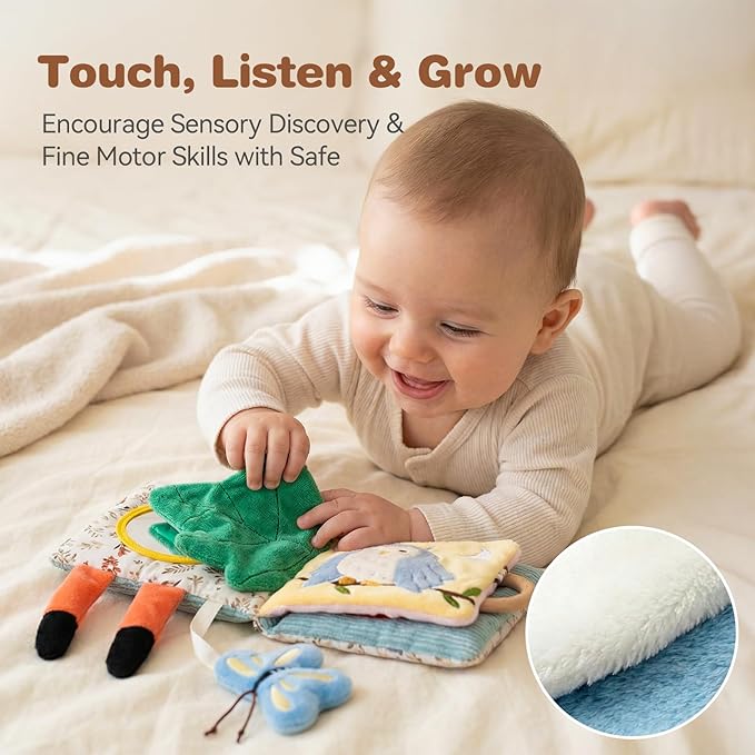 Montessori Soft Baby Book - Sensory Book for Babies 0-12 Months with Crinkle Paper, Touch & Feel Textures, Baby Safe Mirror & Teether. Educational Infant Toys for Tummy Time, Newborn