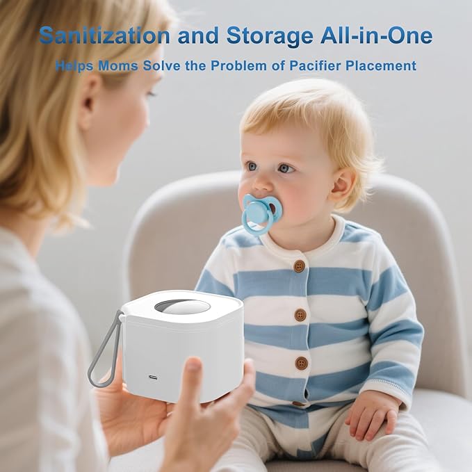 Portable Pacifier Sanitizer, UV Light Sanitizer Box, 99.99% Cleaned in 3 Minutes, 90 Disinfection Cycles, USB Rechargeable, Baby Pacifier Sanitizer On the Go (Square White)