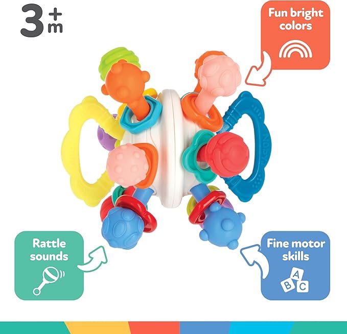 Nuby Twist Ball Teether Activity Toy with Rattle and Fun Bright Colors - Montessori Sensory Toy Develops Fine Motor Skills - 3 + Months - Easter Basket Stuffer