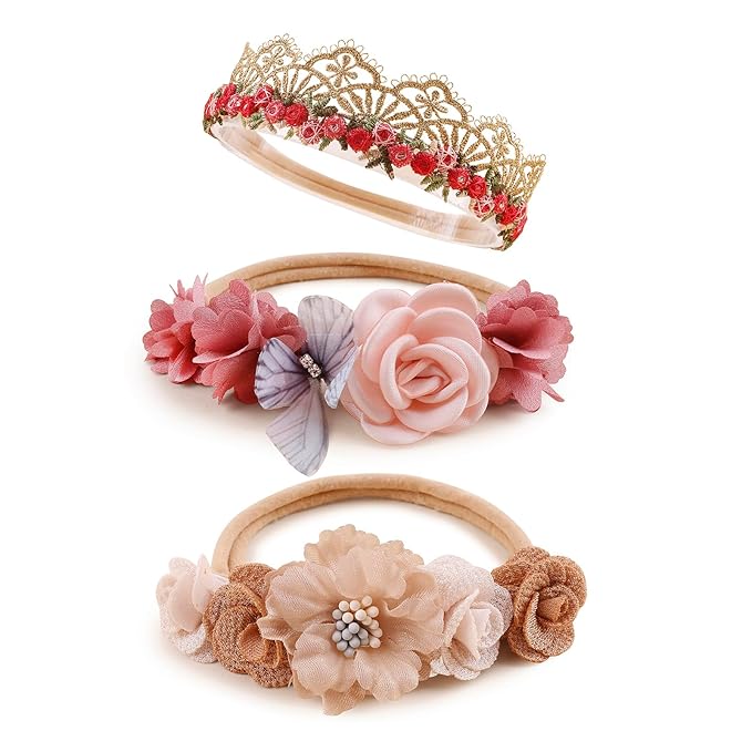 Baby Girl Flower Headbands and Bows, Stretchy Soft Nylon Floral Crown, 3pcs Handmade Hair Accessories for Newborn Infant Toddler