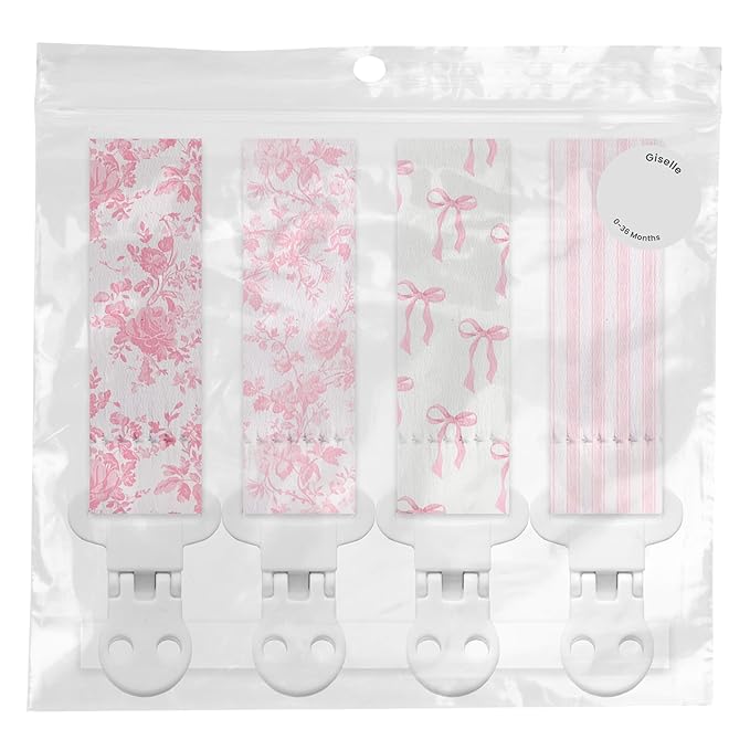 Stadela Baby Fabric Pacifier Clip Holder, Plastic Clip, 4‑Pack, Toile de Jouy Pattern, Giselle Set
