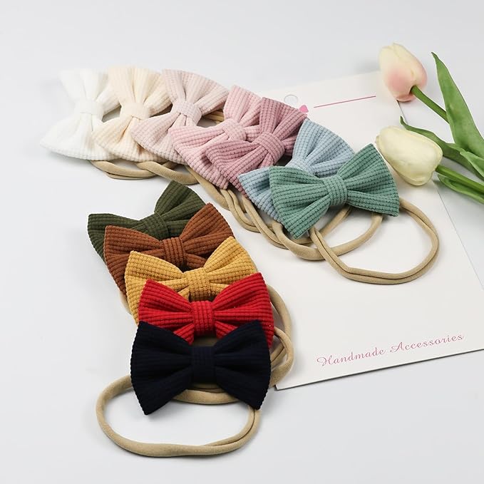 Baby Girl Corduroy Hair Bow Nylon Headband, Solid Color Tiny Bow Hair Bands 12pcs for Newborn Infant Toddlers (corduroy A 12PCS)