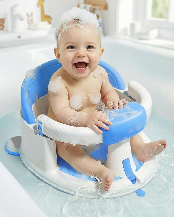 ONTHEWEI Baby Bath Seats for Babies Sitting Up, Non-Slip Baby Bathtub with 3 Suction Cups, Safe & Comfortable Toddler Bath Seat Ideal for Baby Bath/Shower Support, Stable Design, Grey (6-24 Months)