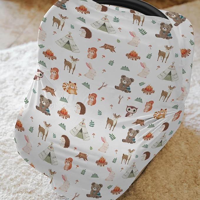 Camping Animals Car Seat Cover for Baby Bear Deer Raccoon Squirrel Bunny Hedgehog Owl Stretchy 5-in-1 Cover Adjustable Car Canopy Breastfeeding Cover Wildlife Breathable Nursing Cover-Up