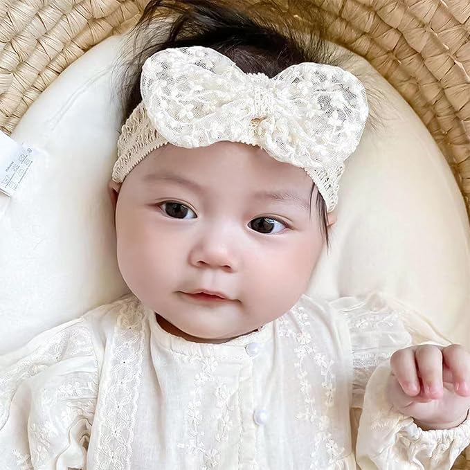 Lace White Bow-knot Baby Girls Headband Birthday Shower Infant Wrap Elastic Flower Baby Turban Hairband for Newborn Infant Toddler Kids (Ivory B, Elastic)
