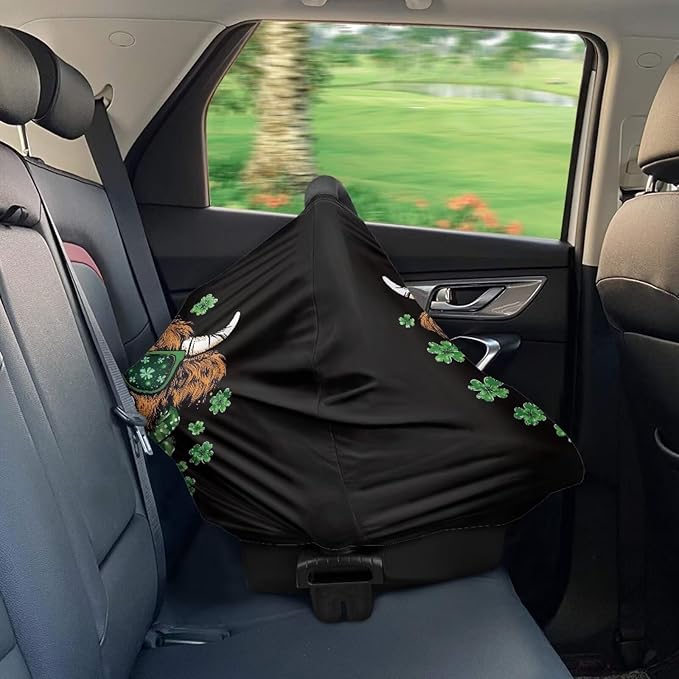Wanyint Stretchy Baby Car Seat Covers Carseat Canopy Baby Breastfeeding Stroller High Chair Shopping Cart Cover for Girls Boys for Saint Patrick's Day Decor, Highland Cow Clover Black