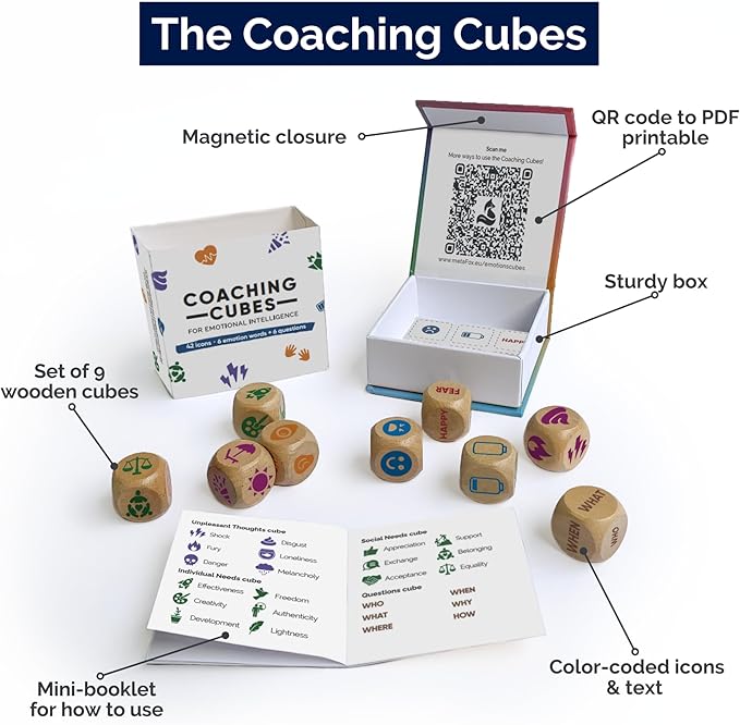 metaFox Coaching Cubes for Emotional Intelligence - 9 Cubes with Coaching Questions for Emotion, Personal Development - Use as Therapy Tools, Story Cubes, Conversation Cubes, Therapy Games