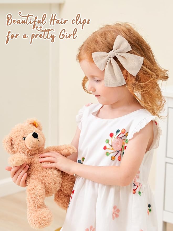 12PCS Baby Girls Hair Clips Fable Hair Bows Cotton Linen Bows for Girls Hair Accessories for Baby Toddlers Kids Neutral Color