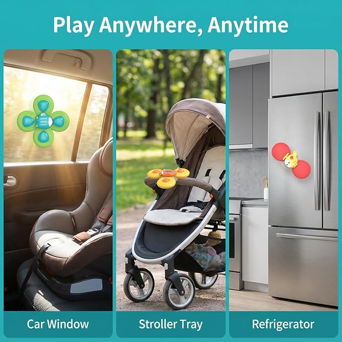 Baby Spinner Toys with Suction Cups | 2-in-1 Travel Sensory Toy for 12-36 Months | Quiet High Chair Toy for Toddlers 1-3 | Stay-On Spinner for Car Seat & Stroller Trays (Sturdy Safety Design)