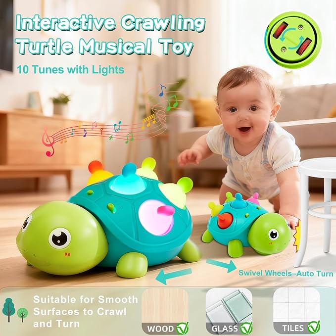 Baby Crawling Turtle Toy 6 9 12 18 Months, Infant Tummy Time Sensory Musical Teething Toys, Toddler Walking Learning Motor Skill Development for 1 2 3 Year Old Boy Girl Birthday Gift