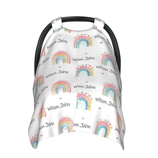 Personalized Winter Car Seat Covers for Babies with Name Rainbow Minky Baby Car Seat Cover for Boys Girls Custom Infant Carseat Covers Baby Blanket Nursing Cover Breastfeeding Scarf