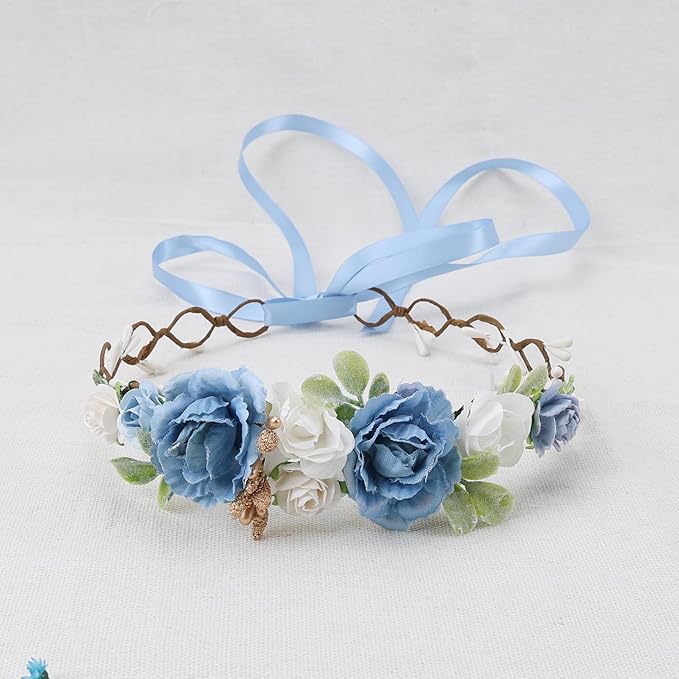 Flower Girl Flower Crown Pink Baby Girls Floral Headpieces Kids Headband Children Hair Wreath Photo Prop (Dusty Blue-Child Size)