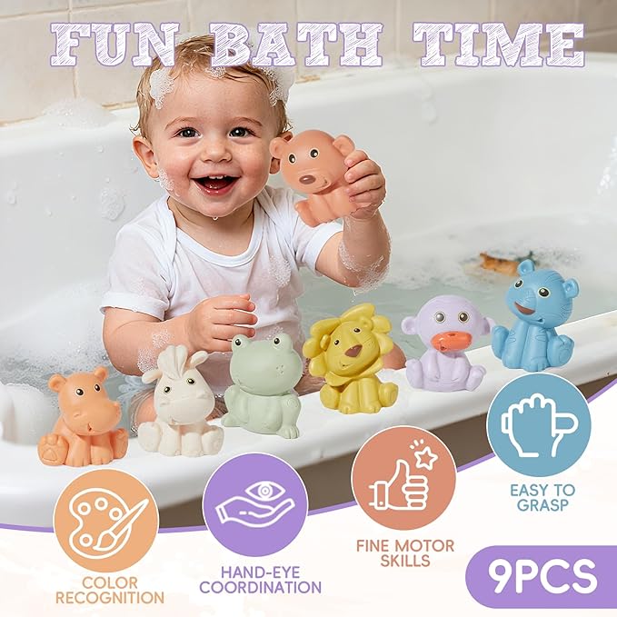 Baby Bath Toys, 9 Pack | Sealed, No Hole & Mold Free Bath Toys for Babies 6-12 Months | Soft, Squeezable & Float on Water | Safe, Easy-Grip Toddler Bath Toy Set | Baby Water Pool Toys-Wild Animal