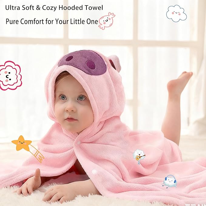 Toddler Baby Bath Towel with Hood 27.5"X55" Ultra Absorbent Soft Cozy Comfort Bathrobe Blanket, 0-6 Years Infant Shower Towel for Girls & Boys(Blush)