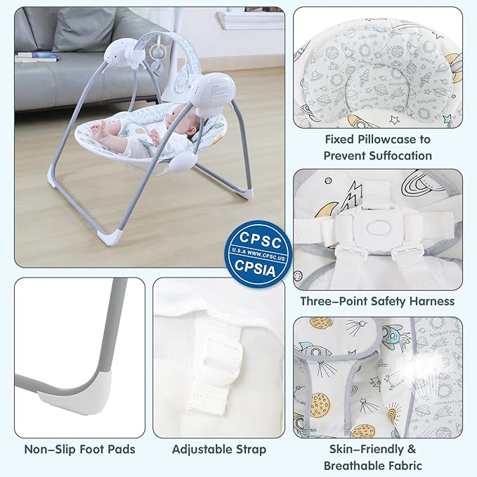 Portable Baby Swing for Infants, Compact & Foldable Infant Swing with 5-Speed Swing,Music, Timer, Cushioned Seat, Battery Operated, 0-9 Months 6-20 lbs,SG2403