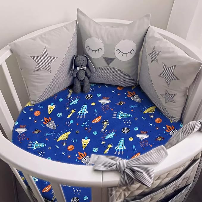 Cloele Round Stretchy Crib Sheet - Microfiber Space Fitted Sheet for 42 X 42 Mattresses Ultra Soft Round Fitted Sheet for Baby Boys