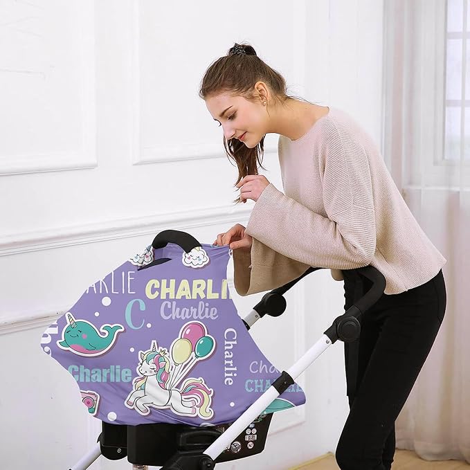 Personalised Infant Car Seat for New Parents - Purple Horse Print Baby Carseat Cover, Breast Feeding Cover, Multi-Function pad for Boys Girls - Christma Gift for Parent Babies(27"x29")
