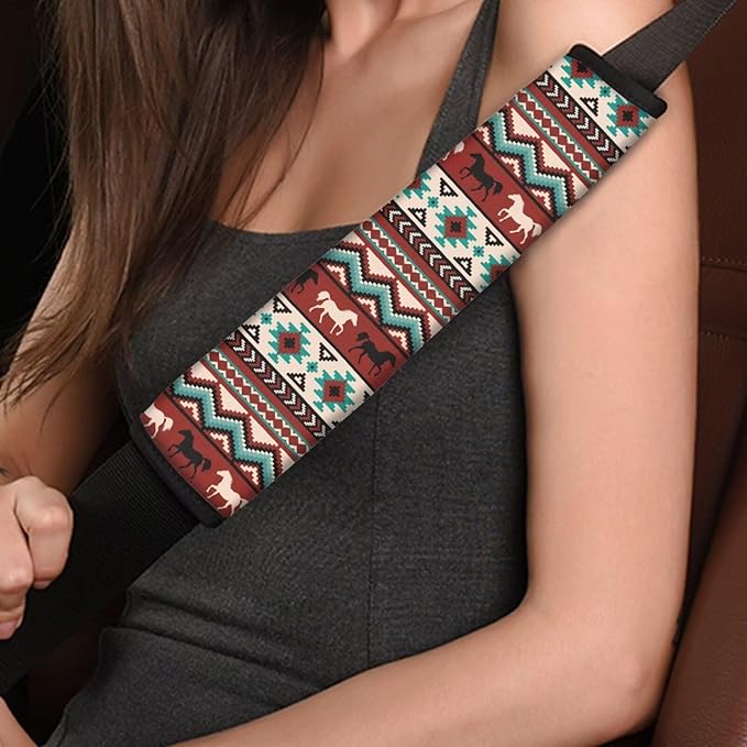 Biyejit Aztec Native Horse Car Seat Belt Covers, Adujustable Durable Soft Shoulder Strap Backpack Pads 2 Packs for Adults Kids