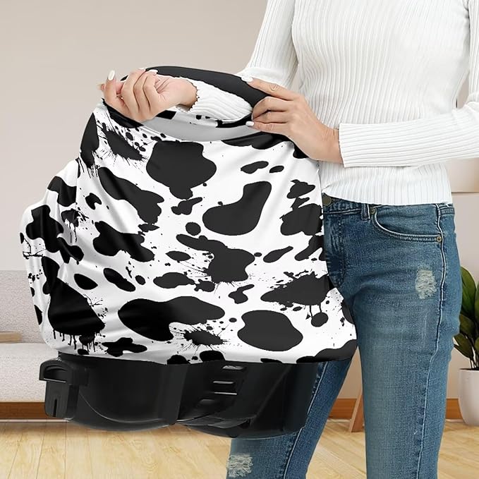 Car Seat Covers Canopy Cover- Multi-use Cover Carseat Canopy, Black White Cow Painting Breathable Breastfeeding Protector for Babies, Boys & Girls Shower Gifts