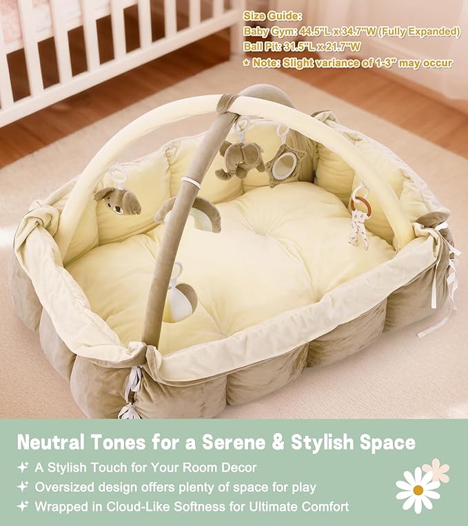 5-in-1 Baby Play Gym and Tummy Time Mat, 12 Learning Cards, Plush Activity Mat with 6 Toys, Baby Gym, Convertible to Ball Pit, Baby Gift, Cream