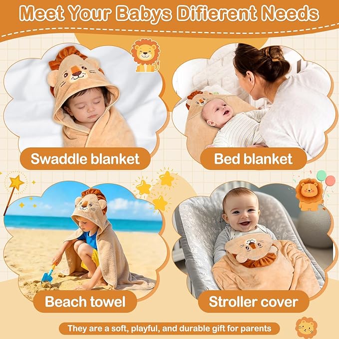 Flasoo 4 Pcs Baby Towels and Washcloths Set, Soft Hooded Bath Towel, 1 Baby Towel and 3 Baby Washcloths for Newborns, Toddlers, and Kids, 32x32 inch Baby Towel with Hood for Boy and Girl (Brown Lion)