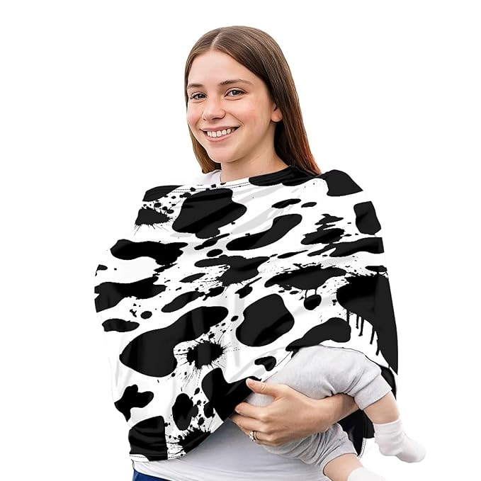 Car Seat Covers Canopy Cover- Multi-use Cover Carseat Canopy, Black White Cow Painting Breathable Breastfeeding Protector for Babies, Boys & Girls Shower Gifts