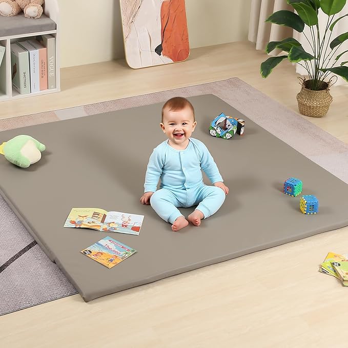 MOMCAYWEX 50"x50" Premium Baby Play Mat, Memory Foam with Wipe-Clean Leather Cover, Non-Slip & Machine Washable Floor Mat for Tummy Time, Crawling and Family Bonding Time, Grey