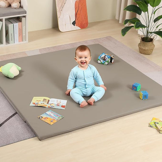 MOMCAYWEX 50"x50" Premium Baby Play Mat, Memory Foam with Wipe-Clean Leather Cover, Non-Slip & Machine Washable Floor Mat for Tummy Time, Crawling and Family Bonding Time, Grey