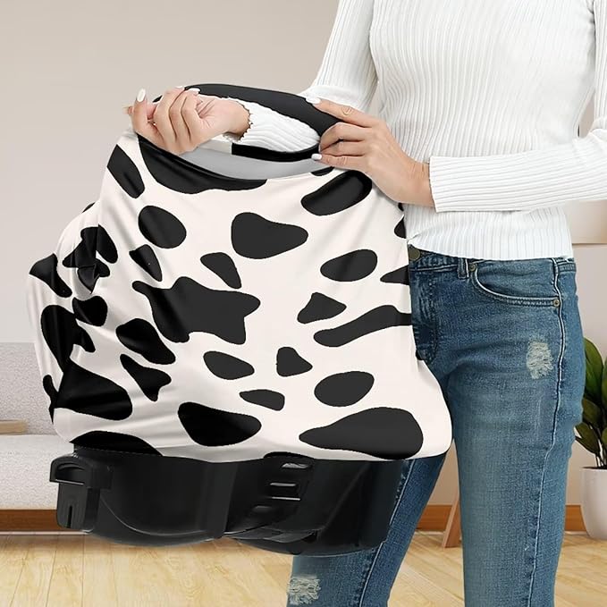 Beige Cow Nursing Cover Carseat Covers Baby Car Seat Cover for Girls Boys, Stretchy Car Seat Canopy Multiuse Nursing Breastfeeding Protectors, All-in-1
