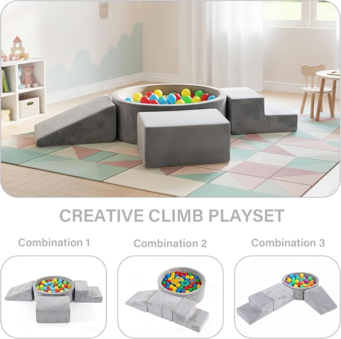 Tiita Climbing Toys for Toddlers 1-3 Indoor with Ball Pit, 4-Piece Kids Foam Climbing Blocks, Activity Soft Play Climbing for Baby, Grey, Balls not Included