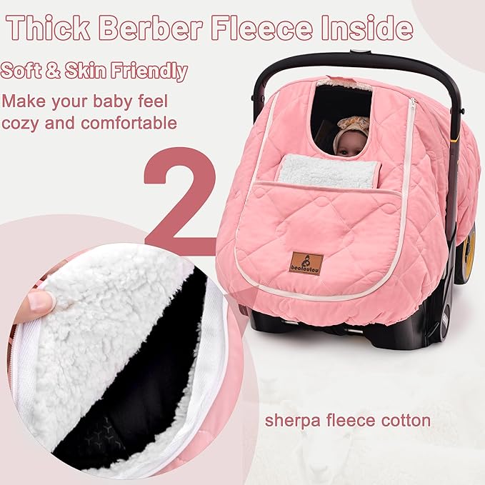 Winter Carseat Cover for Baby，Waterproof Baby Car Seat Cover Compatible with Doona Car Seat and Stroller，Cold Weather Warm Car Seat Covers for Babies, Keeps Babies Warm and Cozy (Pink)