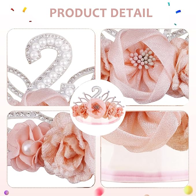 cherrboll Baby Girl Birthday Crown Floral Headband, Soft Flower Head Wrap Tiara Hairband for 1-3 Years Old Toddlers Kids 2nd Birthday Party Dress Photo Decoration