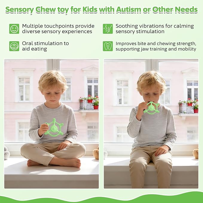 Vibrating Teether for Baby | Sensory Toys for Kids with Autism | Toddler Travel Essential Teething Toys for Babies 6-18 Months, USB Chargeable & 3X Gentle Vibration Settings (Green)