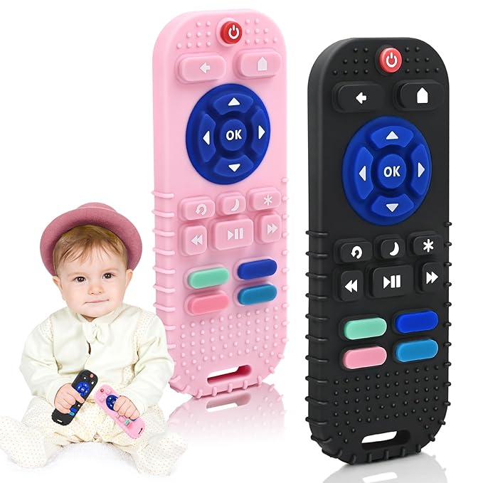 Teething Relief Teether Toys for Babies 3 6 9 12 Month Gifts, Silicone Sensory Remote Control Baby Chew Toy for Newborn Infant Autism Boy Girl Birthday or Easter, Pink & Black