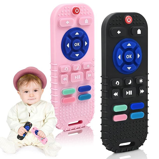 Teething Relief Teether Toys for Babies 3 6 9 12 Month Gifts, Silicone Sensory Remote Control Baby Chew Toy for Newborn Infant Autism Boy Girl Birthday or Easter, Pink & Black