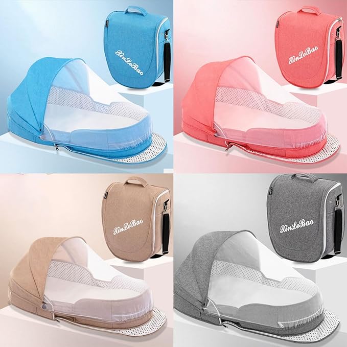 Folding Baby Travel Bassinet Portable Lightweight Travel Crib Baby Bed Co- Sleeper for Baby in Bed with Canopy and Mosquito Net (Gray, with Sunshade)