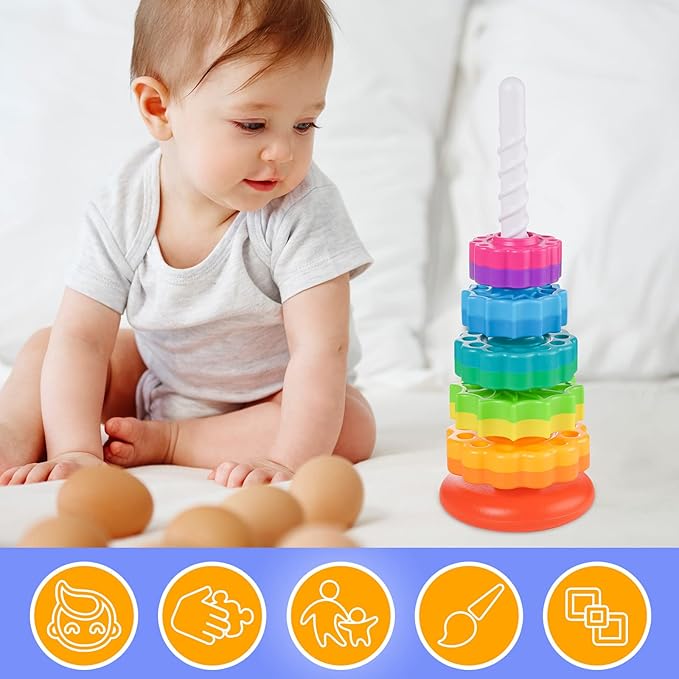 Spinning Stacking Toy for Kids, Rainbow Tower Dual-Color Spinning Wheels Premium Strong BPA-Free ABS Plastic Early Education Fun Learning and Engaging Brain Development Toys (Small)