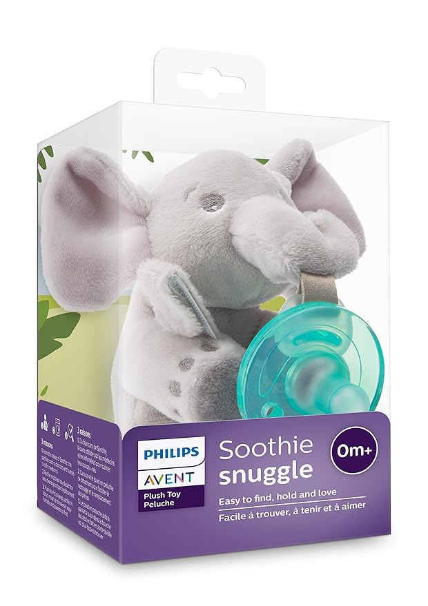 Philips AVENT Soothie Snuggle Pacifier Holder with Detachable Pacifier,0m+,Elephant,SCF347/03-,(Pack of 3)