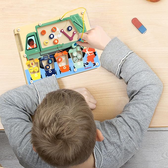 TOP BRIGHT Magnetic Color Maze Sorting Game Montessori Toys for 3+ Year Old Boys Gifts, Wooden Garbage Recycling Game Toddler Travel Toys Fine Motor Skills