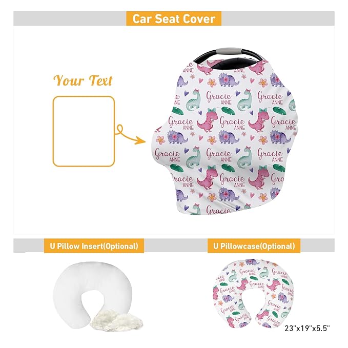 Custom Car Seat Covers for Babies - Breathable Baby Car Seat Cover for Girls Boys, Pink Dinosaur Pattern Kick-Proof Newborn Carrier Canopy Stretchy Stroller Cover for 4 Seasons(27"x29")