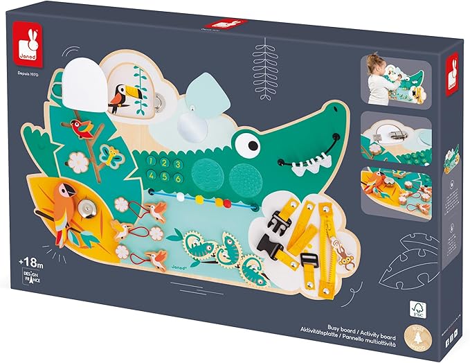 Janod Busy Board Crocodile Theme Jungle Animals - 14 Activities for Boys Girls - Develops Fine Motor Skills - FSCTM - Wooden Toy - from 18 Months - J08280