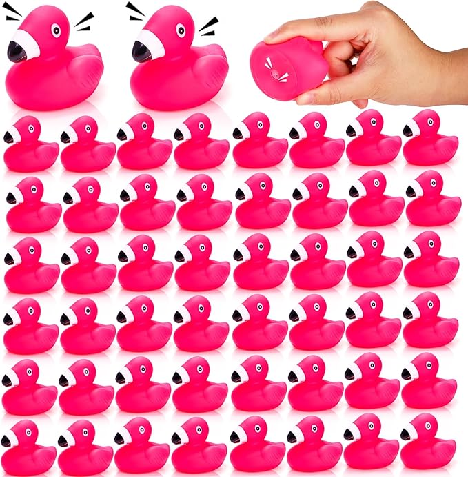 Goaste 50 Pieces Flamingo Rubber Ducks Bulk, Pink Flamingo Bath Toys, Cute Floating Squeaky Bathtub Ducks for Baby Shower, Birthday Party, Cake Decoration, Classroom Prizes