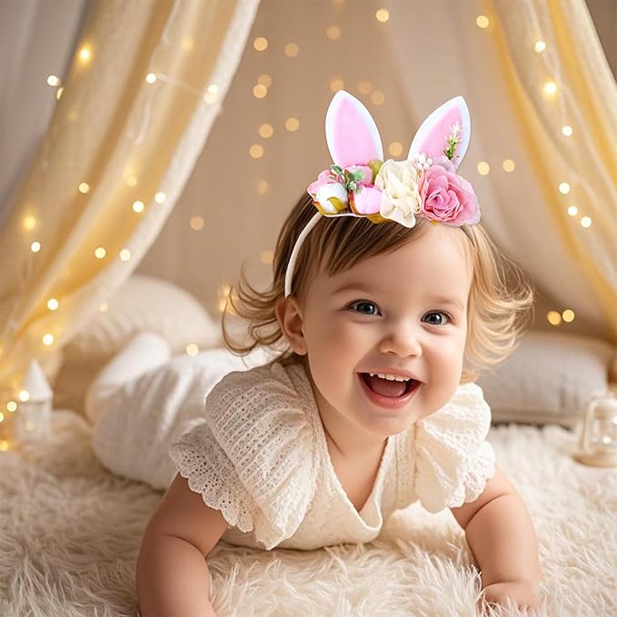 baotongle Bunny Headband Bunny Rose Ears Easter Headbands Baby Girls Flower Spring Newborn Toddler Infant Bunny Headbands