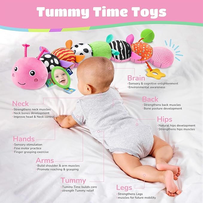 AWOTOY Baby Toys 6-12 Months Music Caterpillar Infant Toys Stuffed Animals 0-3-6 Months Teething Tummy Time Sensory Toys with Mirror Rattle&Pull String Boys Girls Birthday Gifts Easter Basket Stuffer