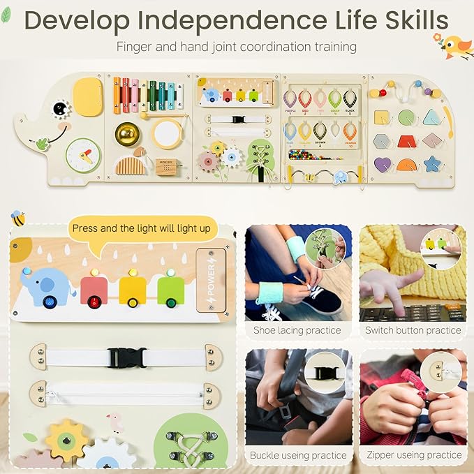Elephant Activity Wall Busy Board Panels,Wooden Montessori Learning Activity Center Sensory Toys Wooden Sensory Wall Panel for Kids Ideal Furniture for Playroom Daycare Dentist Waiting Room Nursery