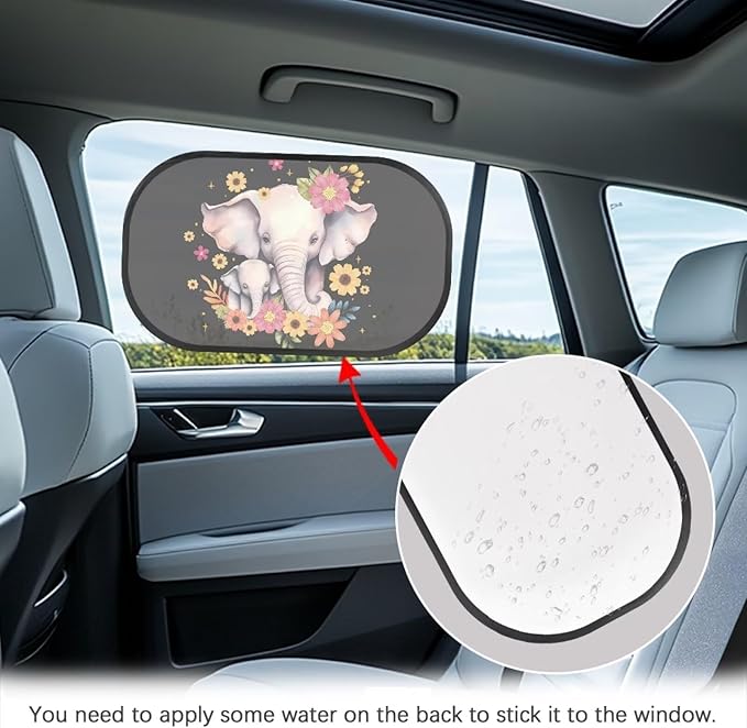 Bulopur Floral Elephant Window Shades 2 Pack Car Window Covers UV Protection Breathable Sun Shade Car Window Baby Cute Design for Most Vehicle, SUV, Truck, Cars