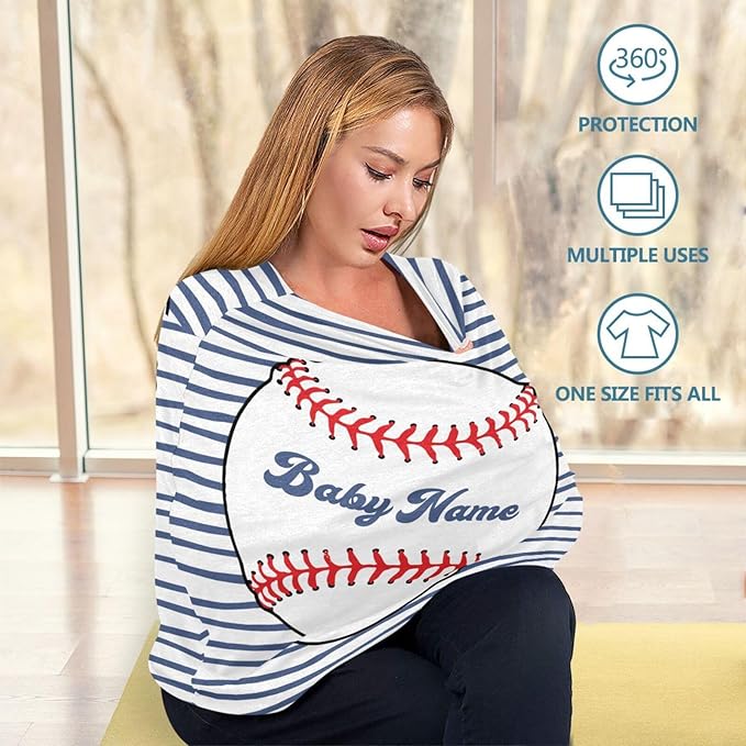 Personalized Baby Car Seat Cover for Babies, Custom Name Baby Car Seats Canopy for Boys Girls, Nursing Breastfeeding Stroller Covers for Infant Newborn, Shower Gift for Baby (Baseball)